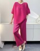 Elastics Pleated Solid Color Short Sleeves Wide Leg Round-neck Two Pieces Set