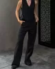 Solid Color Sleeveless Asymmetric Split-Joint  V-Neck Vest Tops +  Straight Leg Pants Suits Two Pieces Set