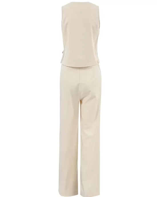 Solid Color Sleeveless Asymmetric Split-Joint  V-Neck Vest Tops +  Straight Leg Pants Suits Two Pieces Set