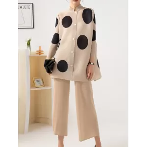 Pleated Polka Dot Long Sleeves Loose Stand Collar Two Pieces Set