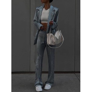 Printed Long Sleeves Lapel Outwear Top + Flared Trousers Bottom Two Pieces Set