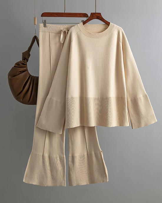 Casual Long Sleeves Loose Solid Color Round-Neck Sweater Tops & Wide Leg Pants Two Pieces Set