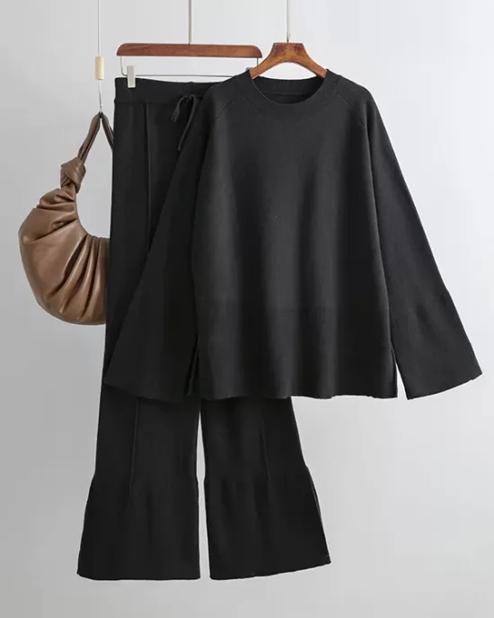 Casual Long Sleeves Loose Solid Color Round-Neck Sweater Tops & Wide Leg Pants Two Pieces Set