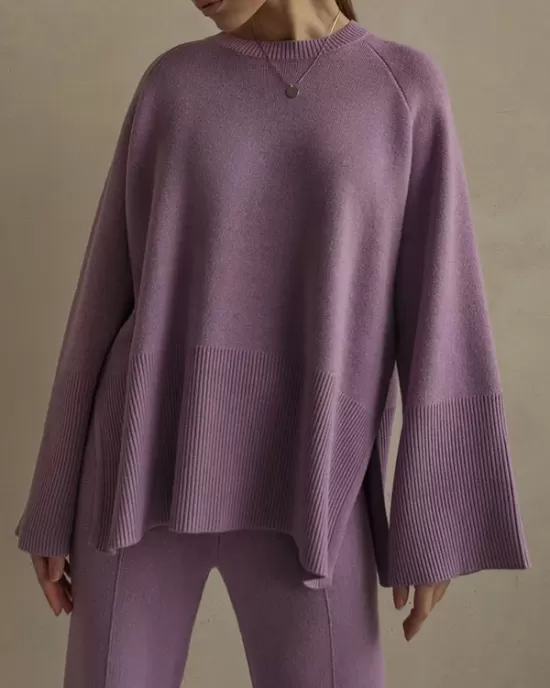 Casual Long Sleeves Loose Solid Color Round-Neck Sweater Tops & Wide Leg Pants Two Pieces Set