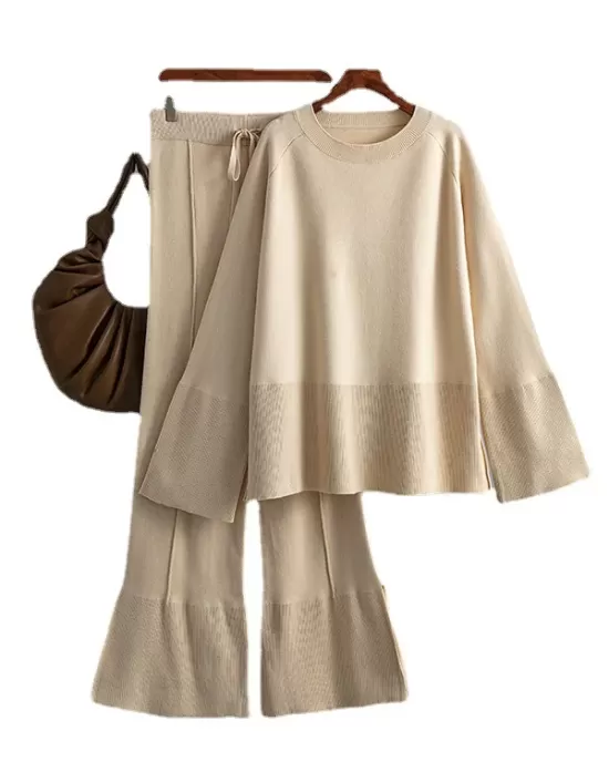 Casual Long Sleeves Loose Solid Color Round-Neck Sweater Tops & Wide Leg Pants Two Pieces Set