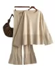 Casual Long Sleeves Loose Solid Color Round-Neck Sweater Tops & Wide Leg Pants Two Pieces Set