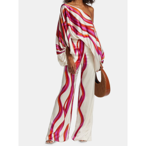 Urban Wide Leg Loose Printed Off-The-Shoulder Blouses &Casual Pants Two Pieces Set