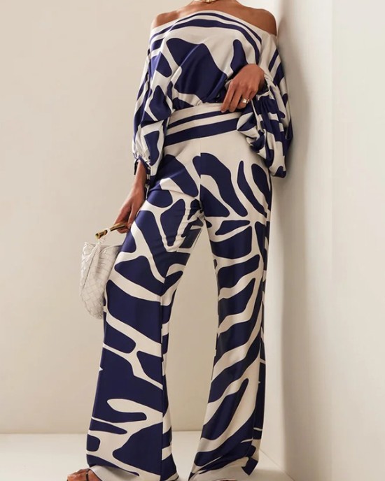 Printed Off-The-Shoulder Top + Wide Leg  Pants Two Pieces Set