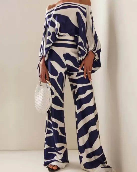 Printed Off-The-Shoulder Top + Wide Leg  Pants Two Pieces Set