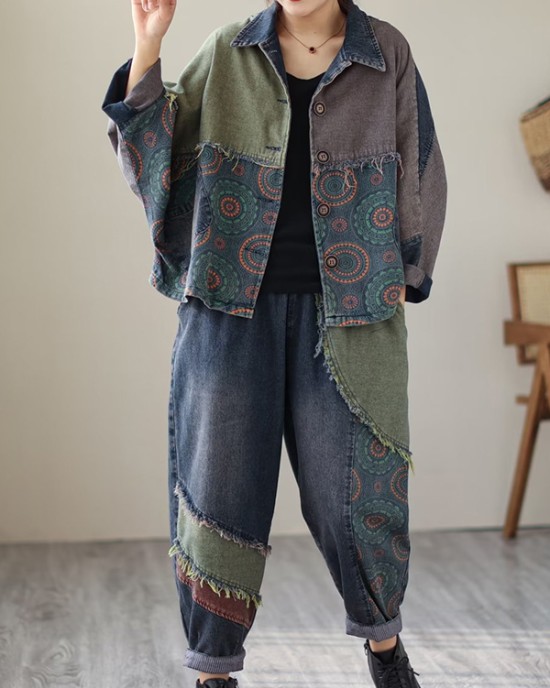 Contrast Color Fringed Split-Joint Long Sleeves Printed Outwear + Harem Pants  Two Pieces Set