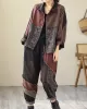 Contrast Color Fringed Split-Joint Long Sleeves Printed Outwear + Harem Pants  Two Pieces Set