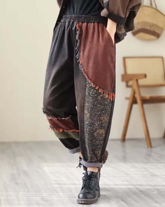 Contrast Color Fringed Split-Joint Long Sleeves Printed Outwear + Harem Pants  Two Pieces Set