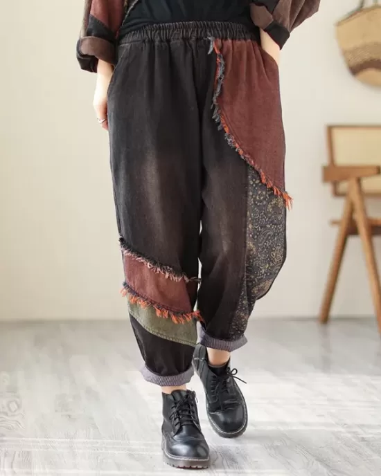 Contrast Color Fringed Split-Joint Long Sleeves Printed Outwear + Harem Pants  Two Pieces Set