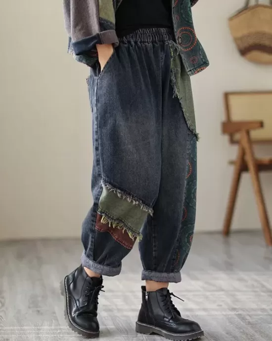 Contrast Color Fringed Split-Joint Long Sleeves Printed Outwear + Harem Pants  Two Pieces Set