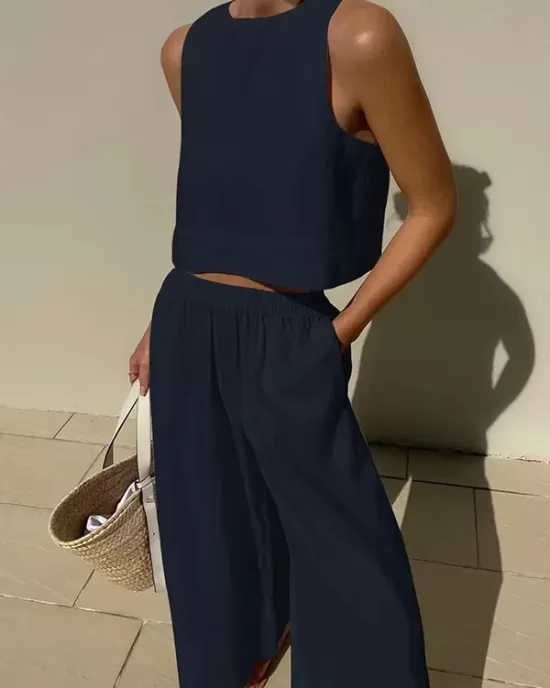 Solid Color Loose Round-Neck Sleeveless Vest + Elasticity Wide Leg Pants Two Pieces Set