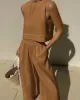 Solid Color Loose Round-Neck Sleeveless Vest + Elasticity Wide Leg Pants Two Pieces Set