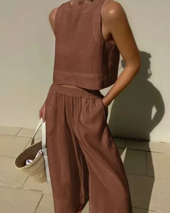 Solid Color Loose Round-Neck Sleeveless Vest + Elasticity Wide Leg Pants Two Pieces Set