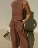 Solid Color Loose Round-Neck Sleeveless Vest + Elasticity Wide Leg Pants Two Pieces Set