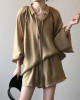 Split-Joint Solid Color  Sun Protection Tied V-neck Long Sleeves Top + Shorts Two Pieces Set