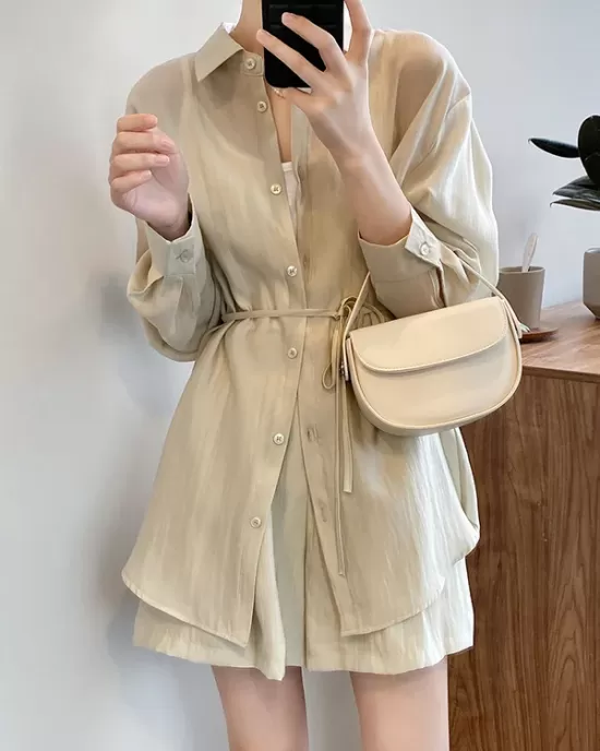 Loose Solid Color Long Sleeves Blouse + Pleated Shorts Two Pieces Set