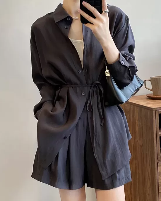 Loose Solid Color Long Sleeves Blouse + Pleated Shorts Two Pieces Set