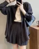 Loose Solid Color Long Sleeves Blouse + Pleated Shorts Two Pieces Set