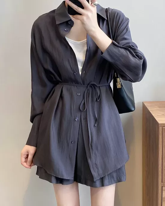 Loose Solid Color Long Sleeves Blouse + Pleated Shorts Two Pieces Set