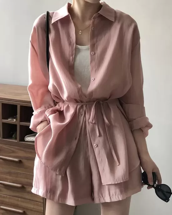 Loose Solid Color Long Sleeves Blouse + Pleated Shorts Two Pieces Set