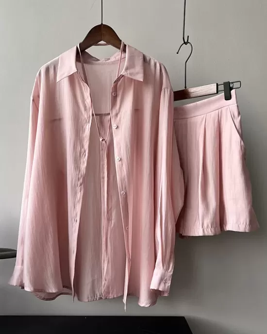 Loose Solid Color Long Sleeves Blouse + Pleated Shorts Two Pieces Set