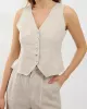 Solid Color Buttoned Deep V-Neck Sleeveless  Vest Top + Pleated Straight Leg Pants Bottom Two Pieces Set