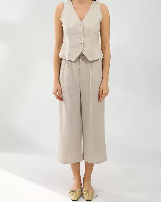 Solid Color Buttoned Deep V-Neck Sleeveless  Vest Top + Pleated Straight Leg Pants Bottom Two Pieces Set