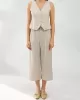 Solid Color Buttoned Deep V-Neck Sleeveless  Vest Top + Pleated Straight Leg Pants Bottom Two Pieces Set