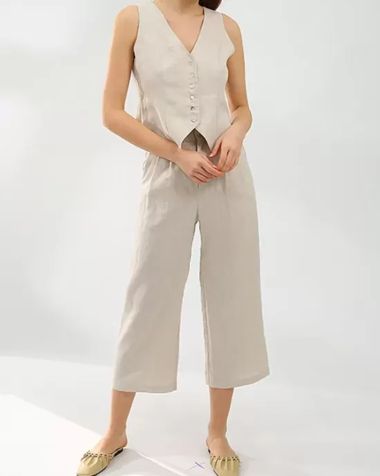 Solid Color Buttoned Deep V-Neck Sleeveless  Vest Top + Pleated Straight Leg Pants Bottom Two Pieces Set