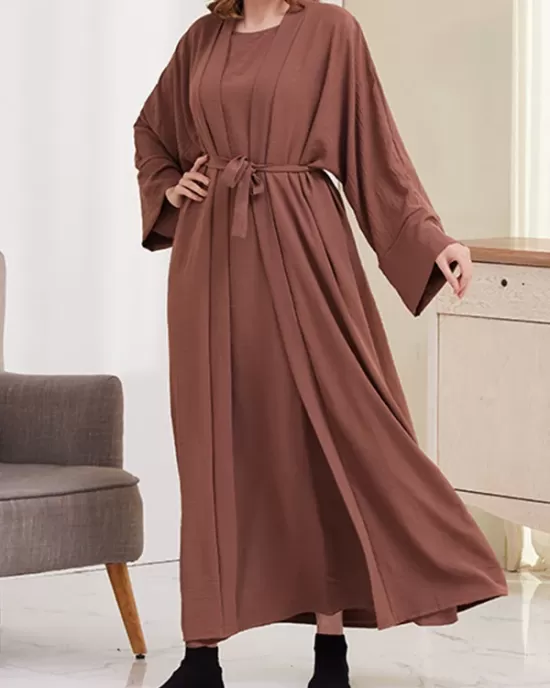 Long Sleeves Loose Solid Color Inner Dress + Tied Waist Outerwear Two Pieces Set