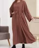 Long Sleeves Loose Solid Color Inner Dress + Tied Waist Outerwear Two Pieces Set