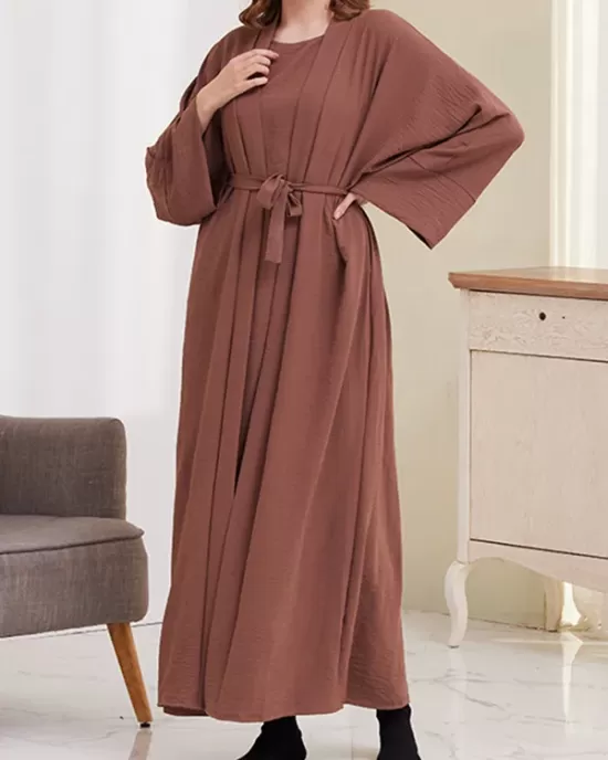 Long Sleeves Loose Solid Color Inner Dress + Tied Waist Outerwear Two Pieces Set