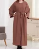 Long Sleeves Loose Solid Color Inner Dress + Tied Waist Outerwear Two Pieces Set