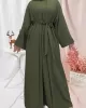 Long Sleeves Loose Solid Color Inner Dress + Tied Waist Outerwear Two Pieces Set