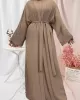 Long Sleeves Loose Solid Color Inner Dress + Tied Waist Outerwear Two Pieces Set