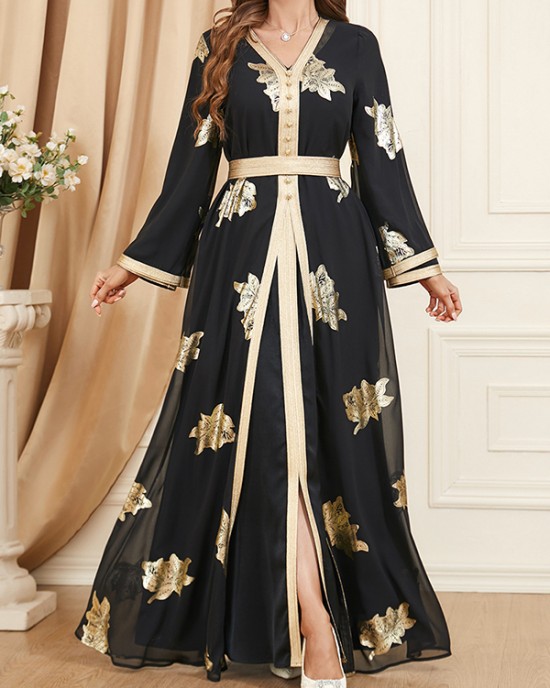 Belted Muslim Printed Split-Front Long Sleeves V-Neck Two Pieces Set Maxi Dresses