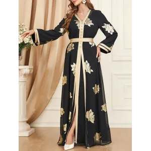 Belted Muslim Printed Split-Front Long Sleeves V-Neck Two Pieces Set Maxi Dresses