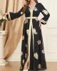 Belted Muslim Printed Split-Front Long Sleeves V-Neck Two Pieces Set Maxi Dresses