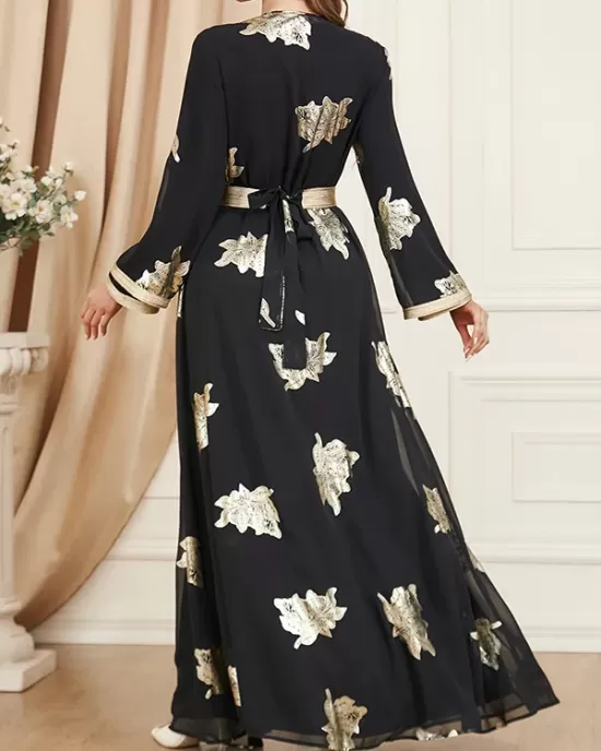 Belted Muslim Printed Split-Front Long Sleeves V-Neck Two Pieces Set Maxi Dresses