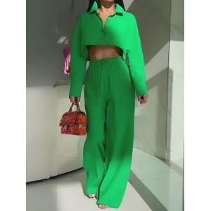 Solid Color Long Sleeves Blouse + Drawstring Elasticity High-Waisted Wide-Leg Pants Trousers Two Pieces Set