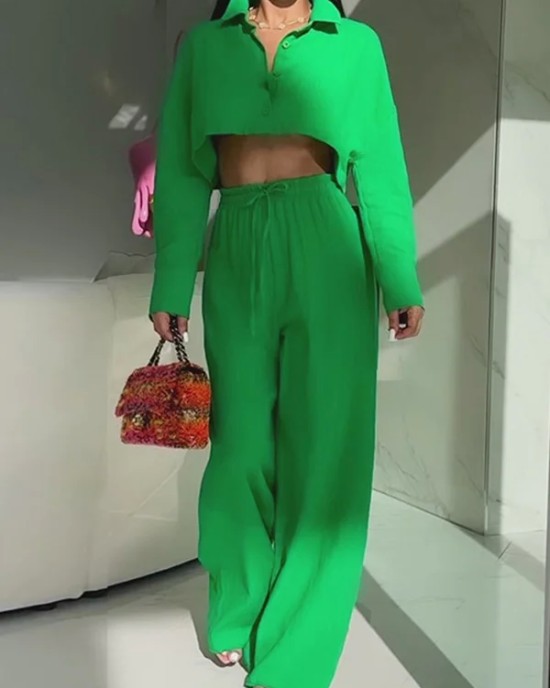 Solid Color Long Sleeves Blouse + Drawstring Elasticity High-Waisted Wide-Leg Pants Trousers Two Pieces Set