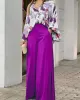 Loose Long Sleeves Floral Printed Blouses + High-Waisted Solid CoLor Wide Leg Pants Trousers Two Pieces Set