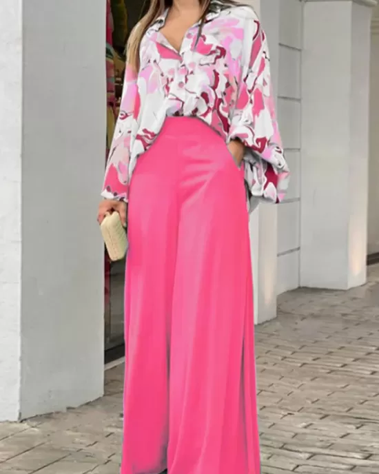 Loose Long Sleeves Floral Printed Blouses + High-Waisted Solid CoLor Wide Leg Pants Trousers Two Pieces Set