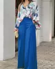 Loose Long Sleeves Floral Printed Blouses + High-Waisted Solid CoLor Wide Leg Pants Trousers Two Pieces Set