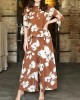 Flower Print Round-Neck T-Shirt&Wide Leg Pants Bottom Two Pieces Set