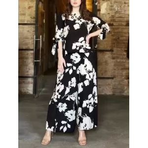 Flower Print Round-Neck T-Shirt&Wide Leg Pants Bottom Two Pieces Set